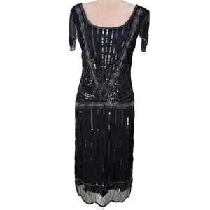 Gatsbylady London Black Beaded Sequin 1920s Flapper Dress Art Deco Formal Size 6
